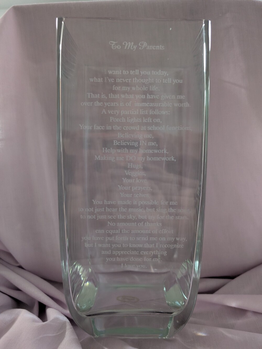 Large, Heavy Vase With Saying For Parents
